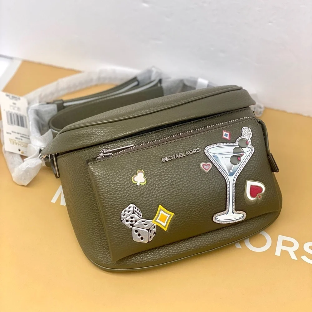 Michael Kors Olive Green Funny Pack Belt Crossbody Bag with Fun Patches